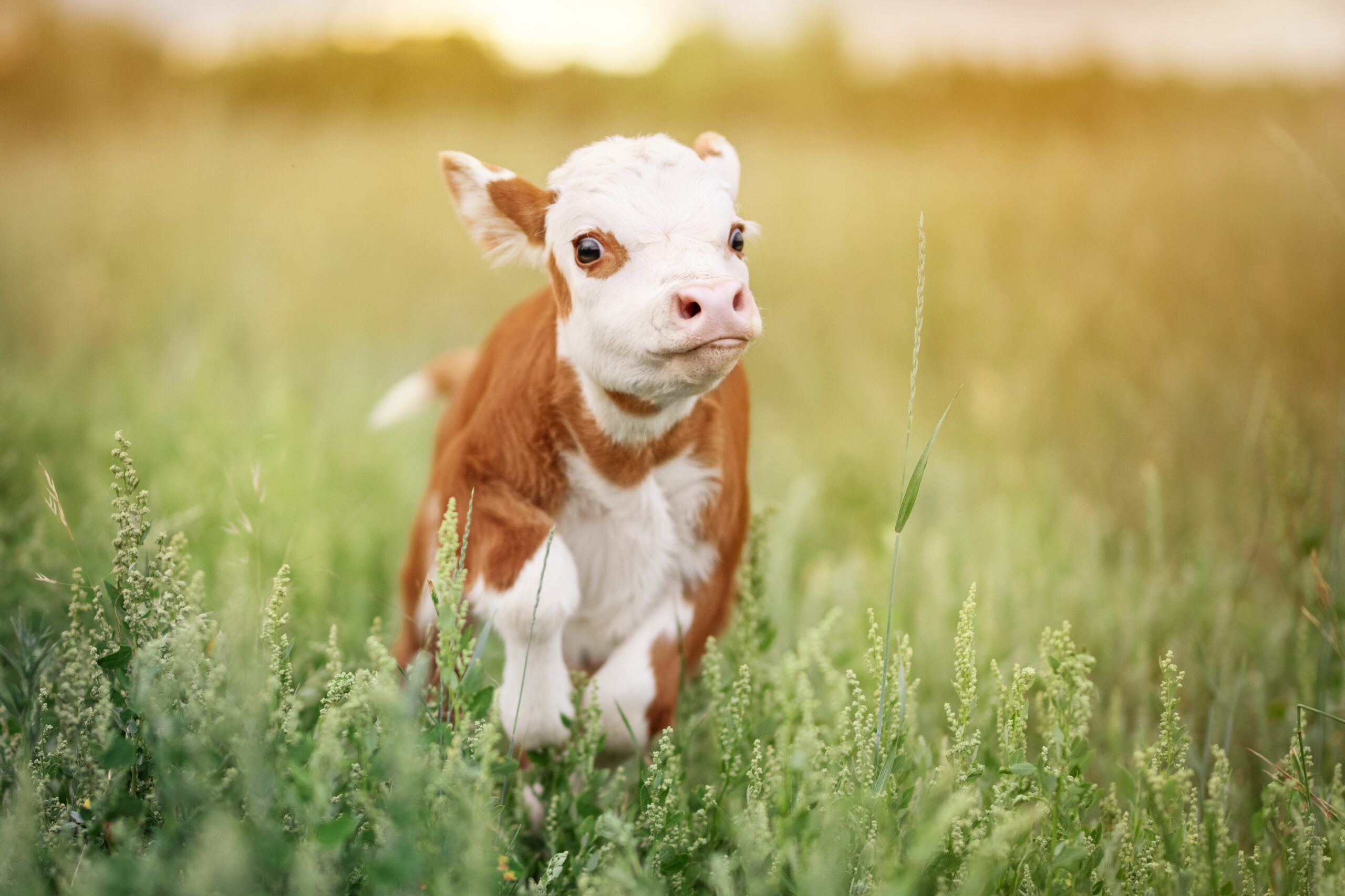 Calf,Baby,Cow,Mini,Hereford,In,Field,Pasture,At,Sunset