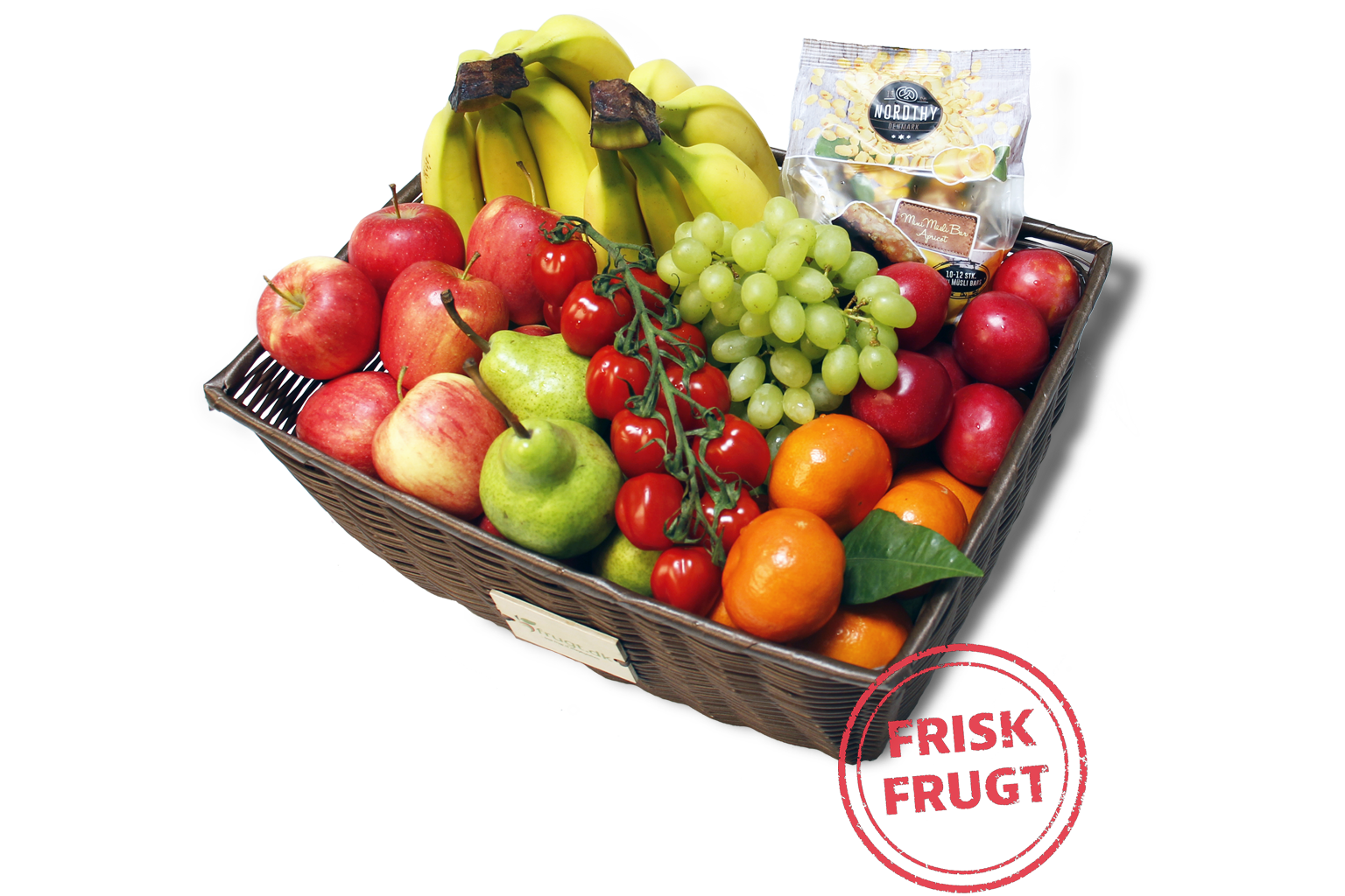 Blandet frugtkurv fra Frugt.dk med frisk frugt til virksomheder